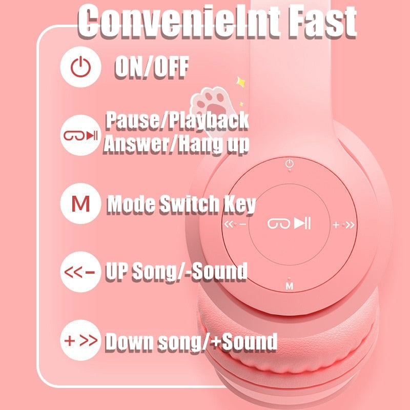 Pink Girl Wireless Headphones RGB Cute Cat Ears Headset With Microphone Noise Cancelling Kid Stereo Music casco Children's Gifts