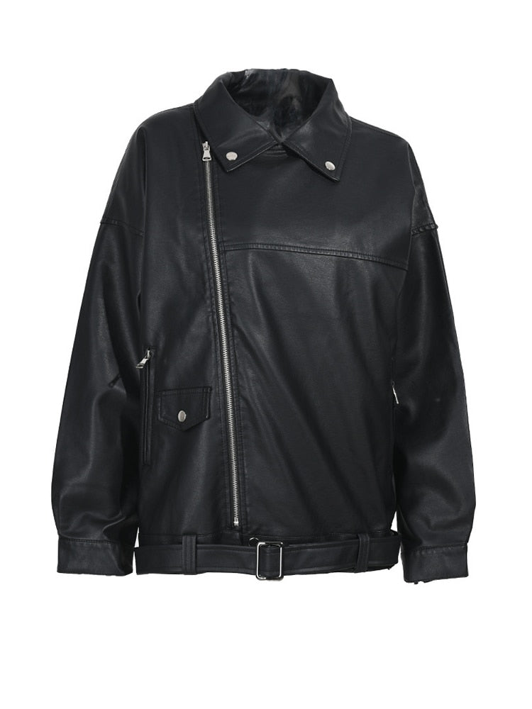 High Quality 2023 Spring Black PU Leather Loose Turn-down Collar Zipper