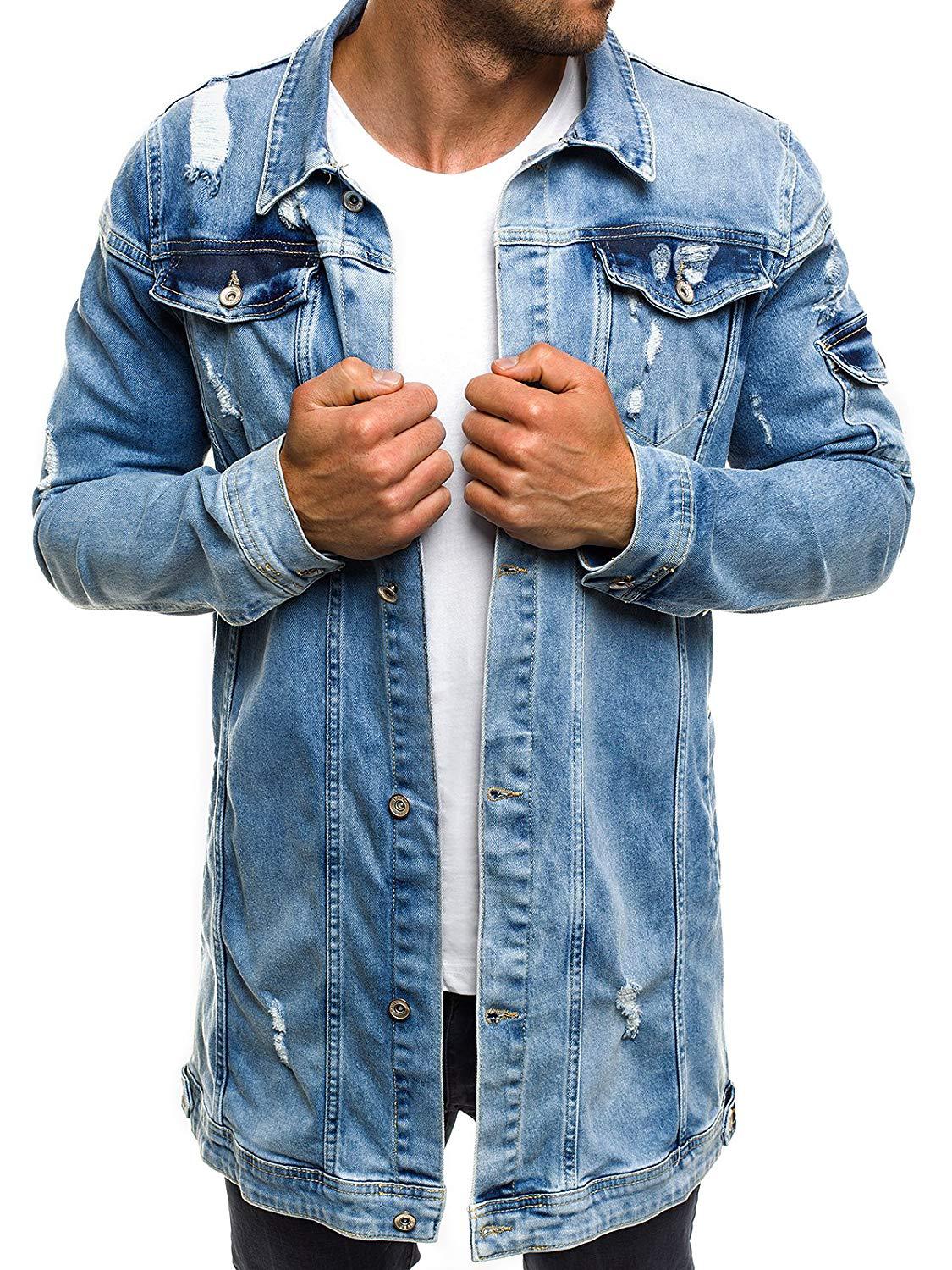 Fashion Men's Mid-length Ripped Denim Jacket