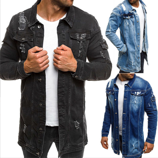 Fashion Men's Mid-length Ripped Denim Jacket