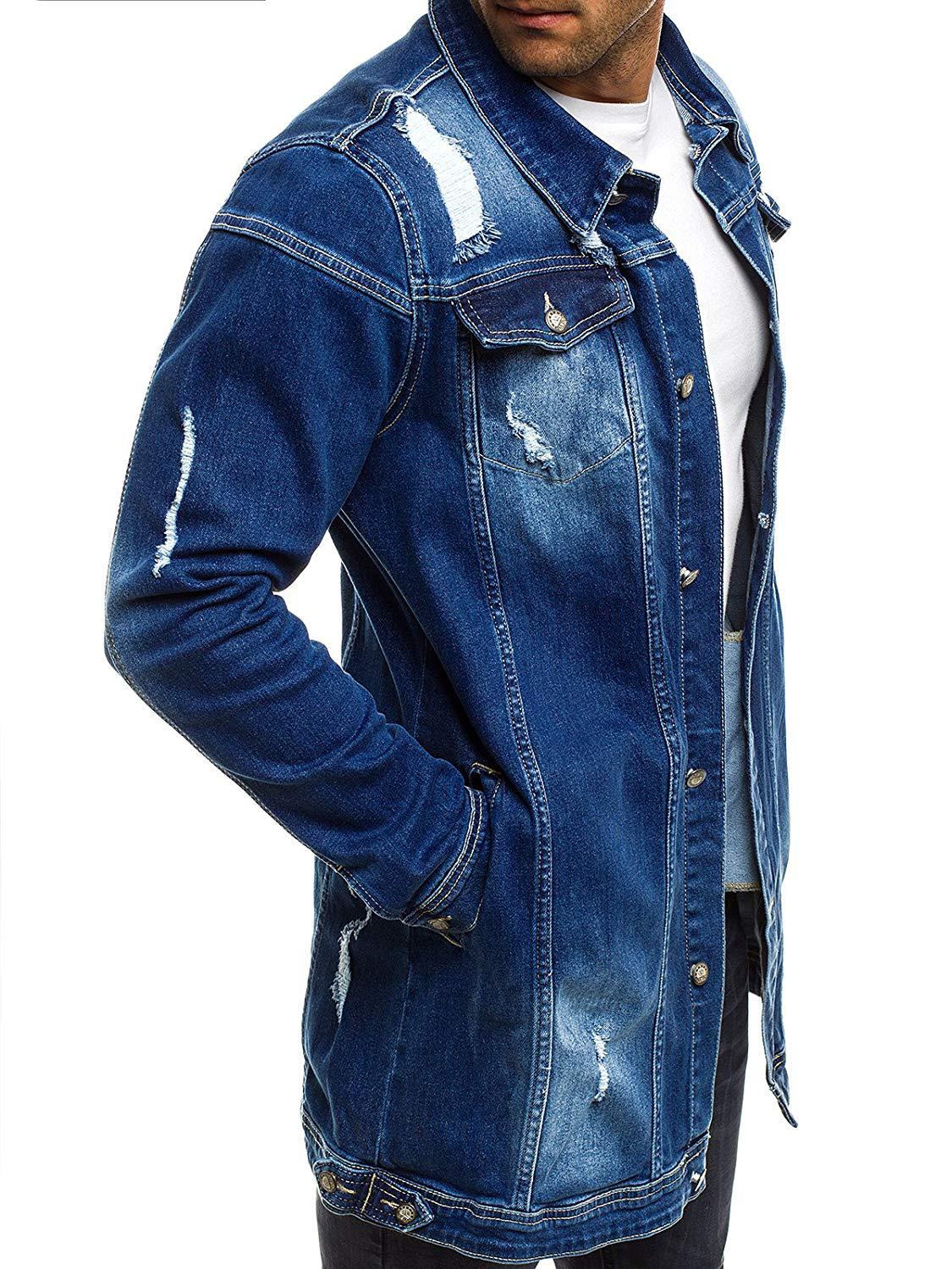 Fashion Men's Mid-length Ripped Denim Jacket