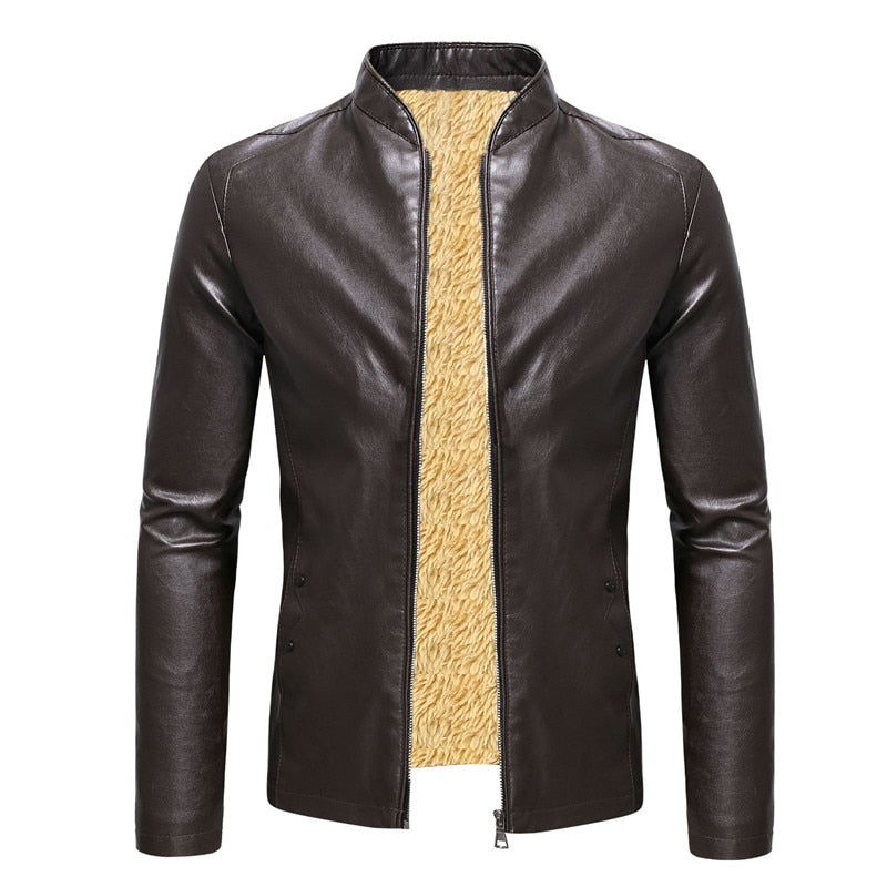 2022 Winter Fleece Leather Jacket Men