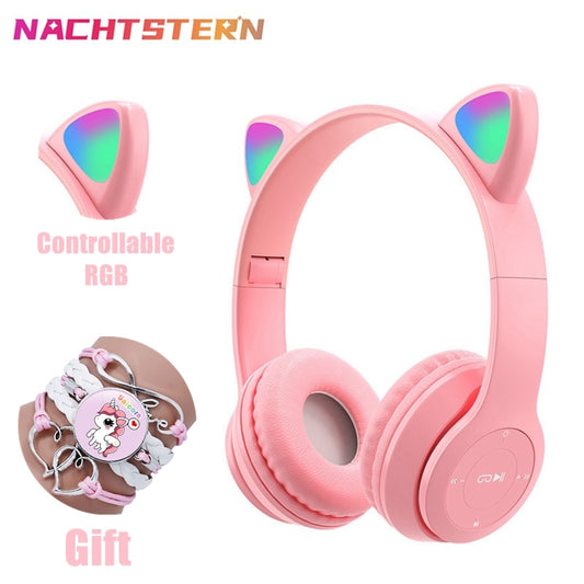 Pink Girl Wireless Headphones RGB Cute Cat Ears Headset With Microphone Noise Cancelling Kid Stereo Music casco Children&#39;s Gifts