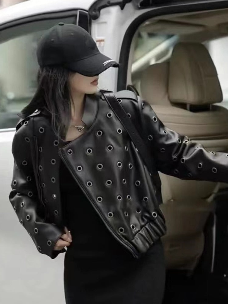 Korean Metal Buckle Cropped Leather Jacket