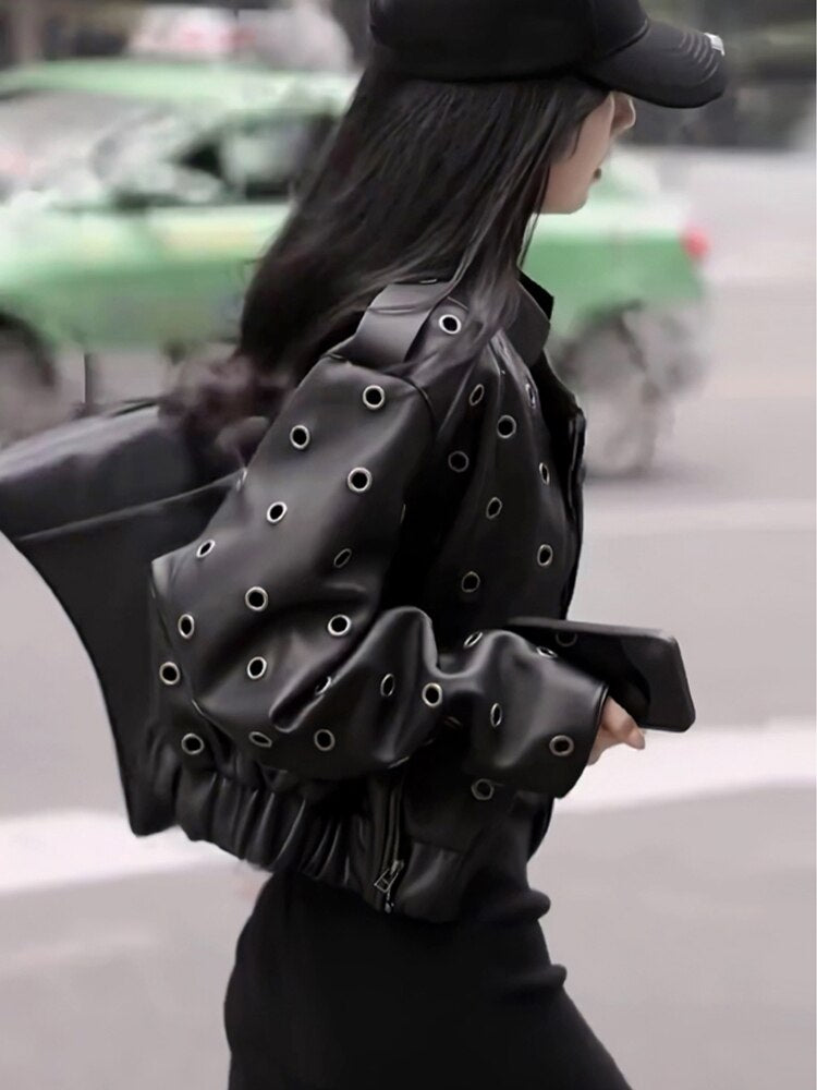 Korean Metal Buckle Cropped Leather Jacket