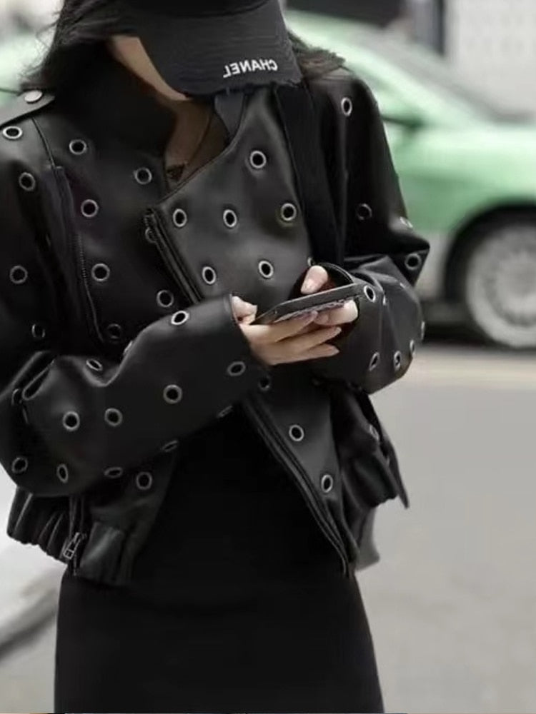 Korean Metal Buckle Cropped Leather Jacket