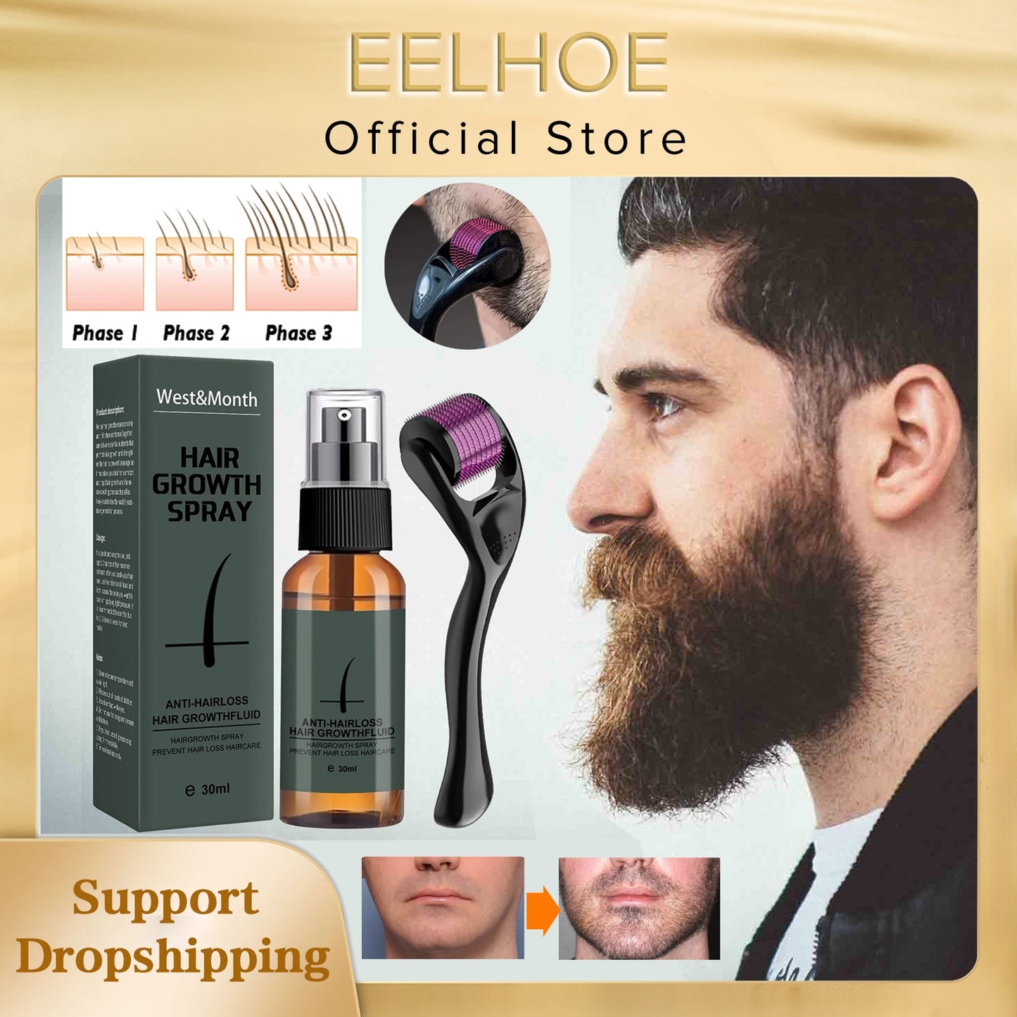 Beard Growth Spray Set for Men Nourishing Moisturizing Moustache Growth Enhancer Anti Hair Loss Care Serum with Beard Roller