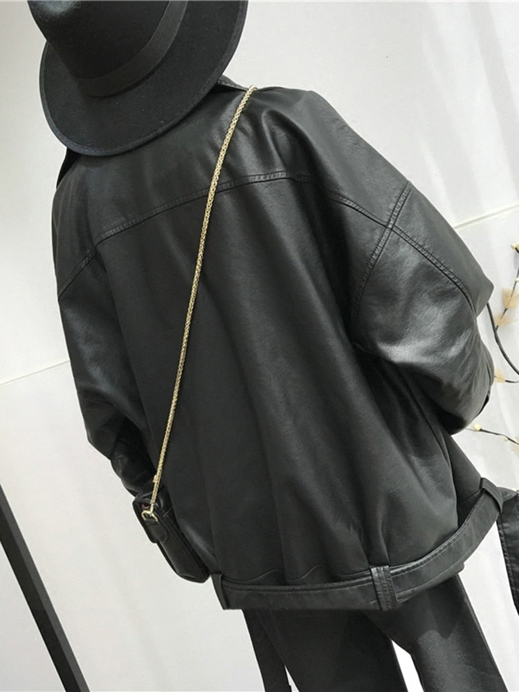 High Quality 2023 Spring Black PU Leather Loose Turn-down Collar Zipper