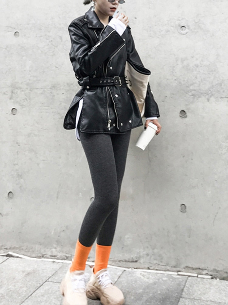 Loose Fit Black Pu Leather Bandage Split ZipperJacket