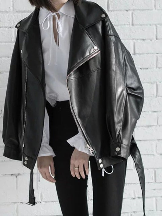 High Quality 2023 Spring Black PU Leather Loose Turn-down Collar Zipper