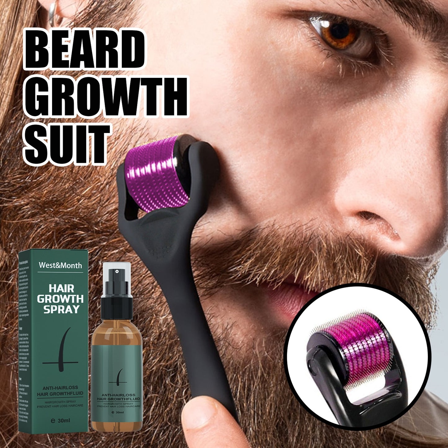 Beard Growth Spray Set for Men Nourishing Moisturizing Moustache Growth Enhancer Anti Hair Loss Care Serum with Beard Roller