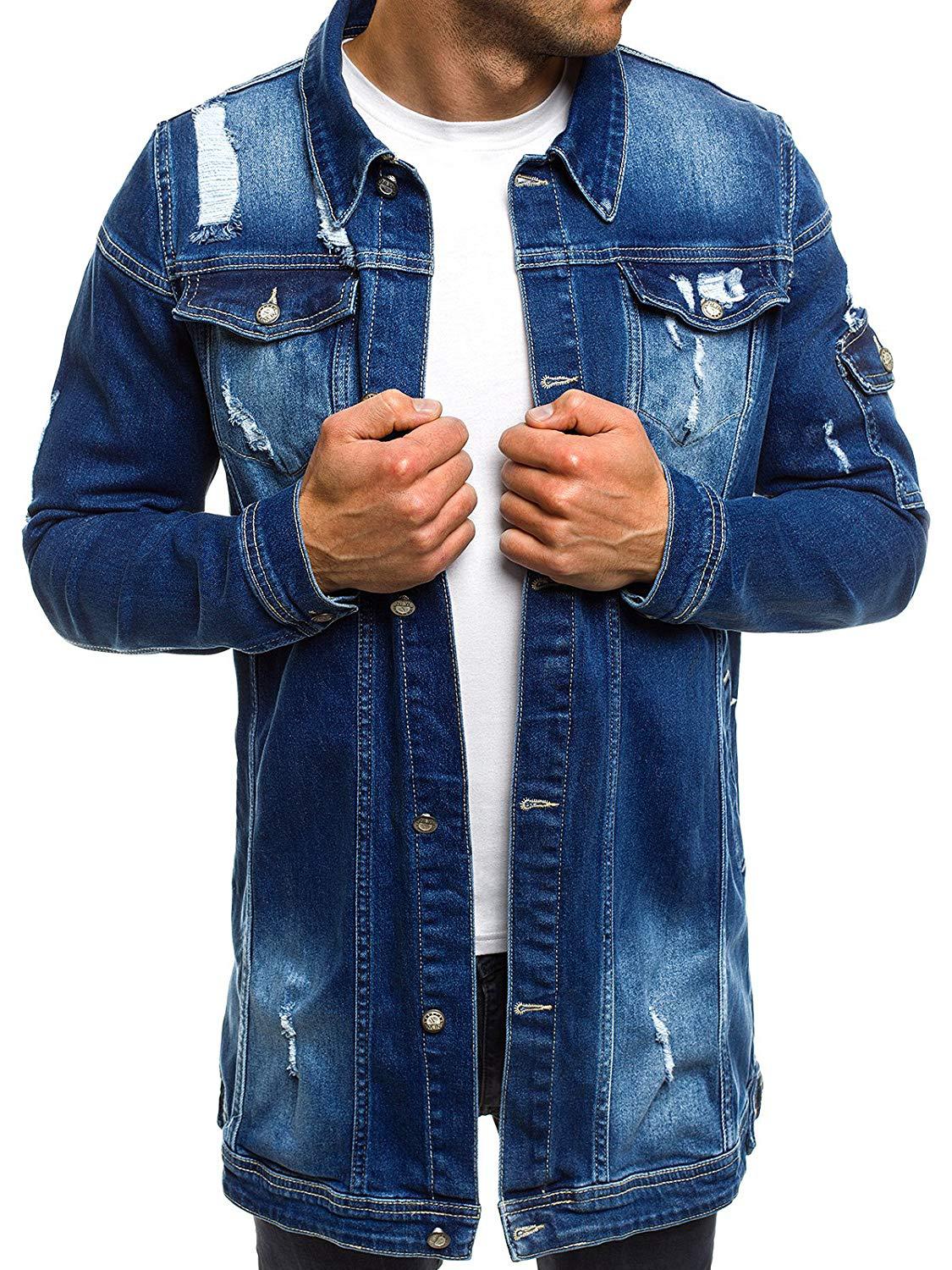 Fashion Men's Mid-length Ripped Denim Jacket